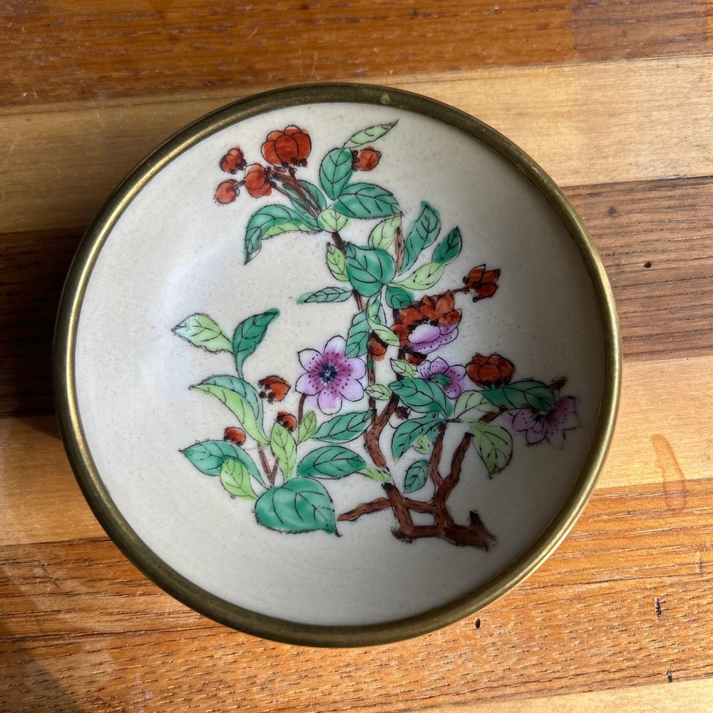 Vintage Hand Painted Small Dish in Brass from Hong Kong 1950's